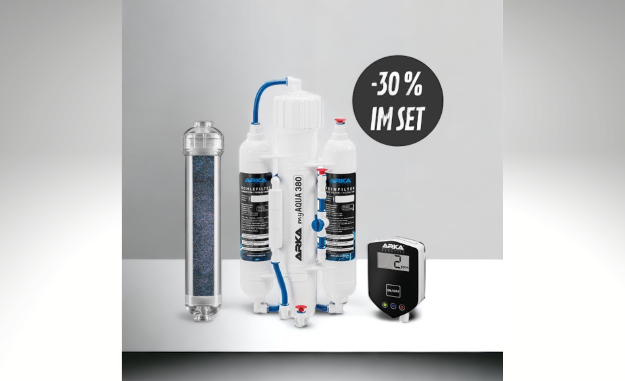 AKTION: ARKA myAQUA 380 Osmoseanlage + Resinfilter mit Farbumschlag 500ml + Inline-TDS-Messgerät Bundle