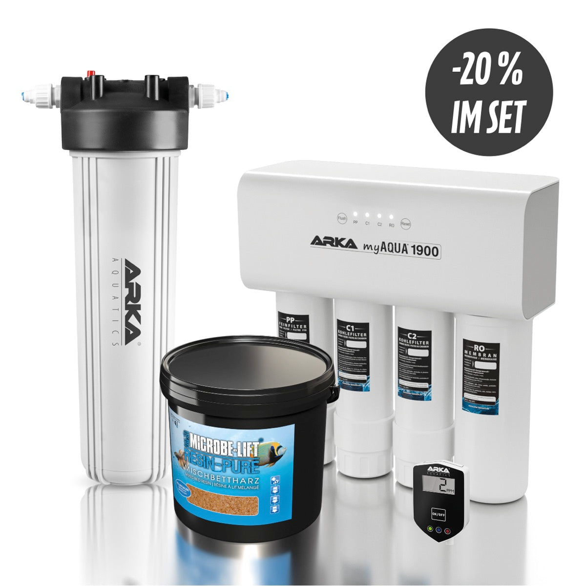 AKTION: ARKA myAQUA 1900 Osmoseanlage + Multifilter 4 L + Resin Pure 4 Liter Mischbettharz + Inline-TDS-Messgerät Bundle